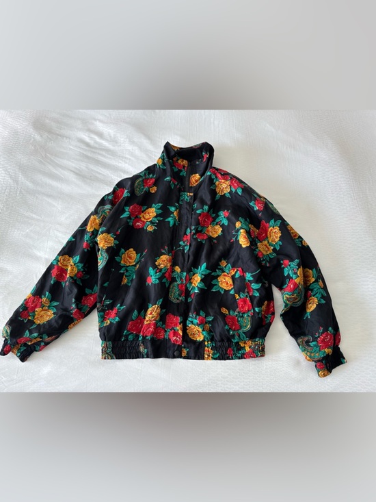 Detailed Sportswear Jackets & Blazers - Vintage 90s Activewear Floral Silk Bomber Jacket Roses High Funnel Neck